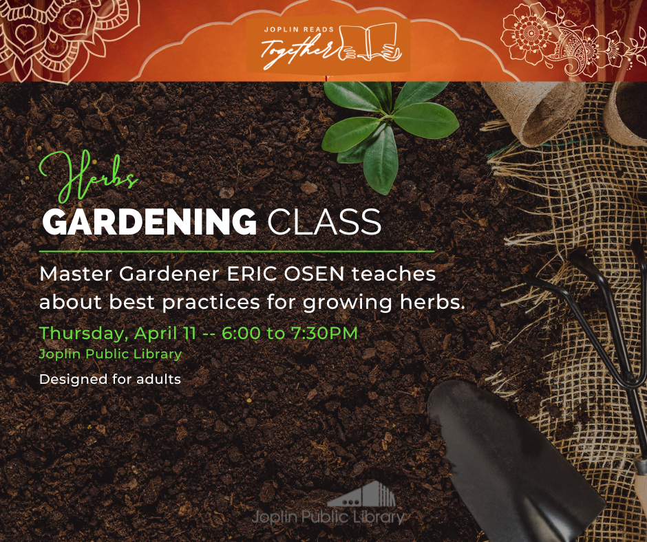 Dirt background with garden shovel and plants, event details listed over top.