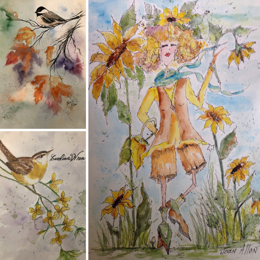 three watercolor paintings, with two featuring birds, leaves and flowers and another a woman with sunflowers