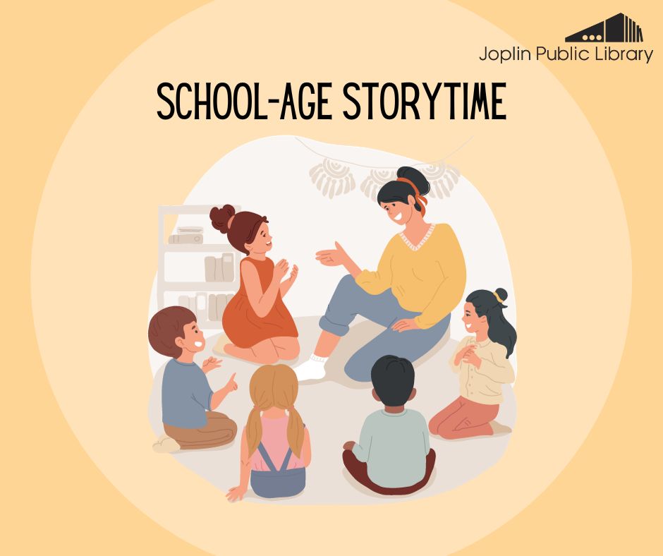 An illustration of five children and one adult sitting in a circle reading a book. "School-Age Storytime" is above the image in black text
