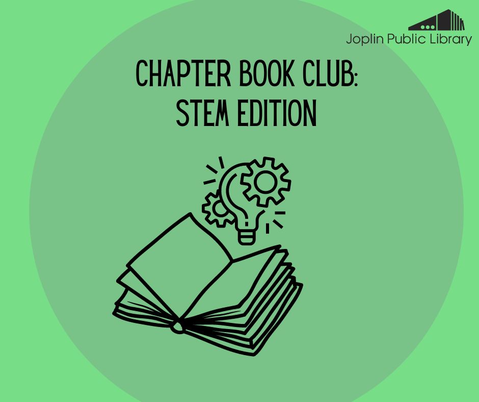 A line illustration of an open book with a lightbulb and gears above it. "Chapter Book: STEM Edition" is above in black text