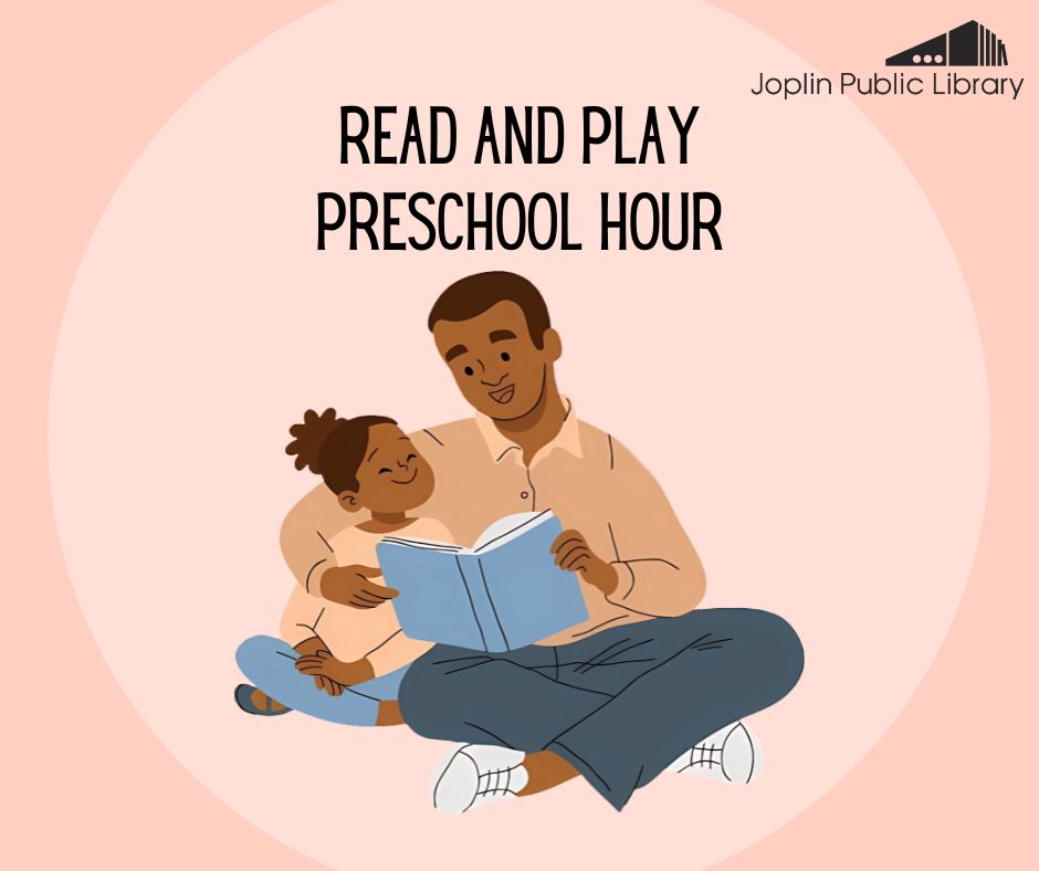 A child with dark brown skin sitting next to her father reading a book with the words "Read and Play Preschool Hour" above.