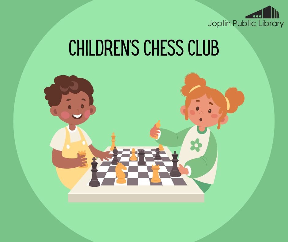 An illustration of two children sitting at a chess board with the words "Children's Chess Club" above in black