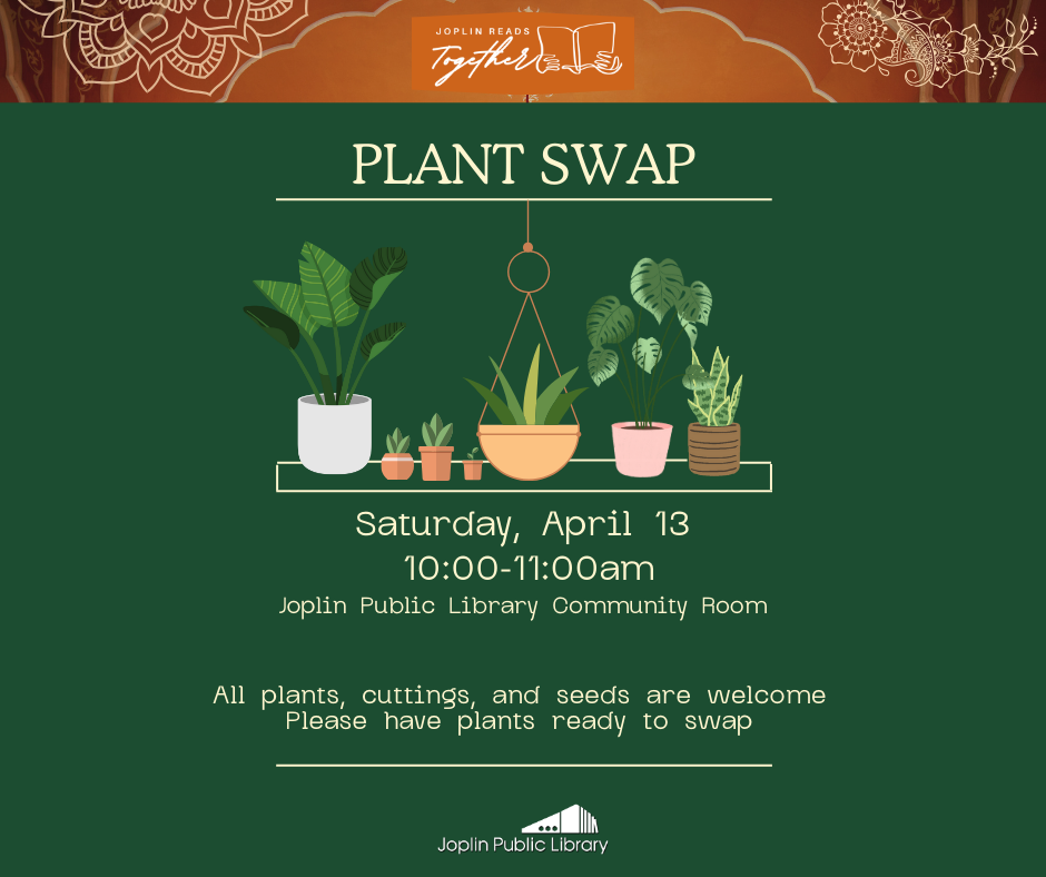 Green background with graphics of plants, event details listed below.