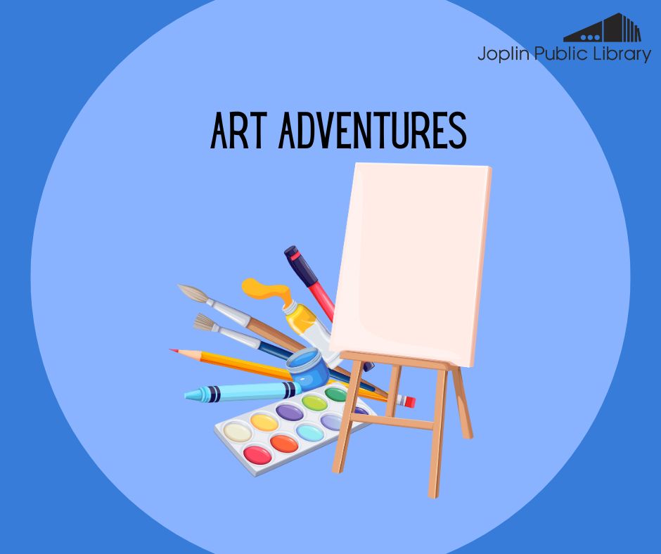 An illustration of an easel and art supplies with black text above that reads "Art Adventures"