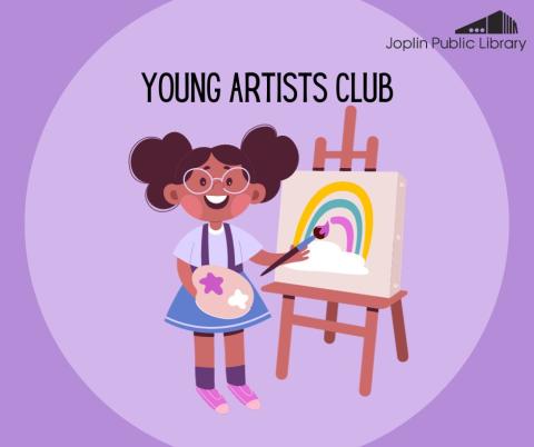 An illustration of a young girl holding a paint tray and painting a rainbow on an easel with the words "Young Artists Club" above in black text