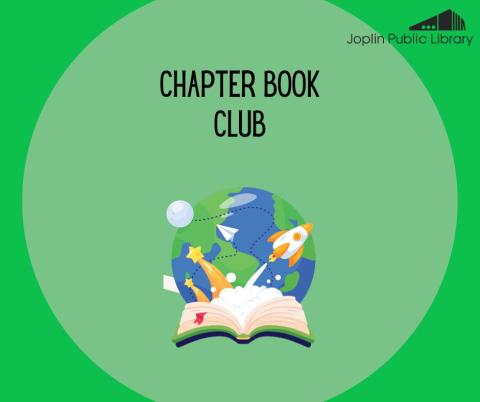 An illustration of an open book with an Earth behind it and a rocket ship. The words "chapter book club" are above.