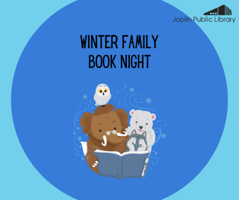 An illustration of a wooly mammoth, owl, polar bear, and wolf reading a book with "Winter Family Book Night" above in black text