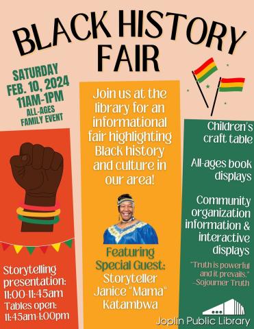 An image reading "Black History Fair" with program information (Saturday, February 10, 2024 from 11am-1:00pm, Community Room, all ages). Information about the storytelling performance by Janice "Mama Katambwa" is included.