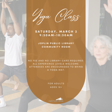 Background is 3 people in a yoga pose. Overtop is a brown box with event details listed.