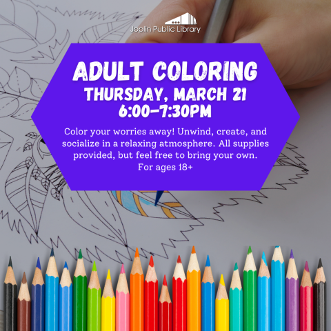 Background is a coloring page with colored pencils displayed along the bottom. Purple text box overlayed background with event details listed.