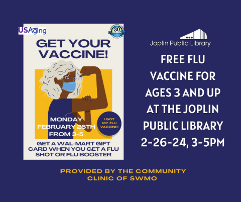 Dark blue background with image of woman holding up arm making a fist showing flu shot area, with event details next to her.