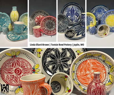 5 photos of colorful patterned pottery on a gray background