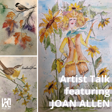 three watercolor paintings featuring flowers, birds, and a woman with the text: artist talk featuring joan allen