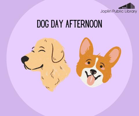 An illustration of two dogs on a purple background with black text above that reads "Dog Day Afternoon"