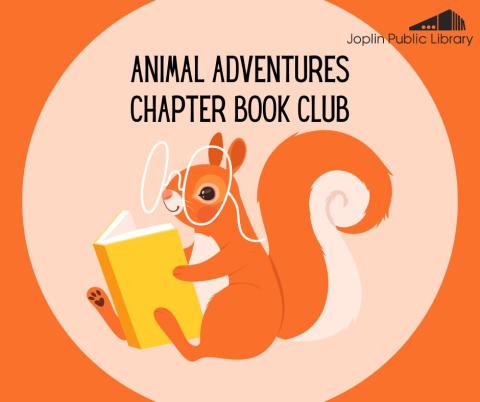 An illustration of a squirrel with glasses reading an oversized yellow book. Black text above reads "Animal Adventures Chapter book club"