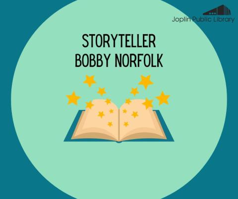 An illustration of an open book with yellow stars coming out of the pages. Black text above reads "Storyteller Bobby Norfolk."