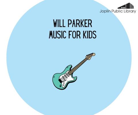 A blue circle with black text reading "Will Parker-Music for Kids" and an illustration of a green guitar