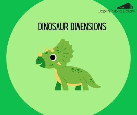 An illustration of a green dinosaur with black text that reads "Dinosaur dimensions."