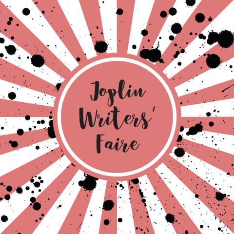 Joplin Writers' Faire title centered with red and white stripped background.