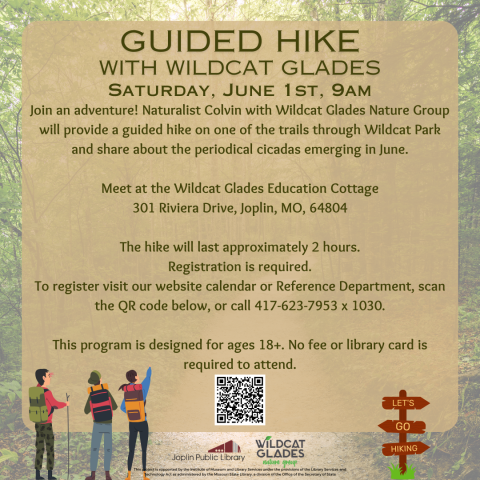 Guided Hike title with details listed below, background of a forest trail