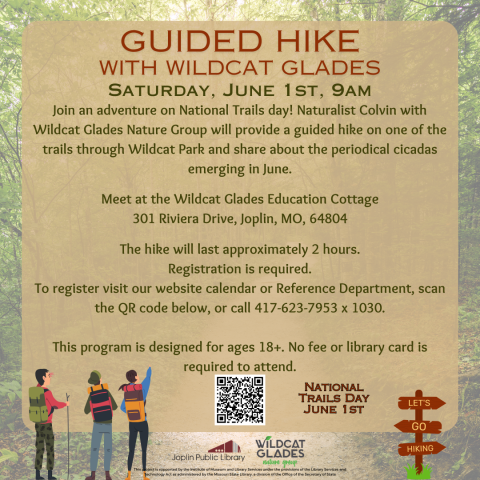 Background is a photo of a trail, with text box over top and program details listed. Graphic of people hiking and hiking sign in bottom corners.