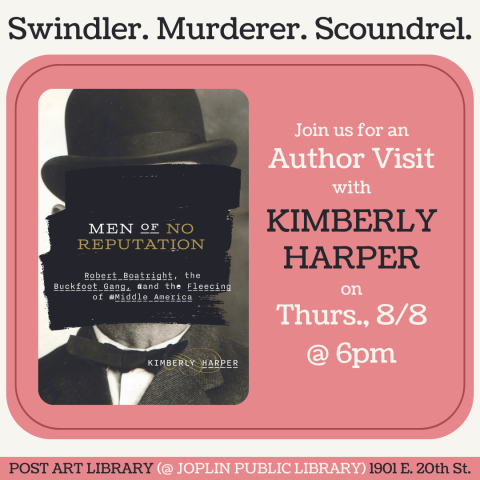 Cover of book on pink background with text: Author visit with Kimberly Harper, Thursday, August 8th, 2024 at 6pm at Joplin Public Library