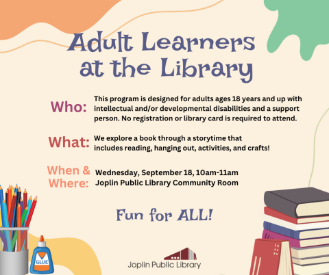 Background features paint splatters, glue bottle, colored pencils, and a stack of books. Event information is listed in the middle of the image.