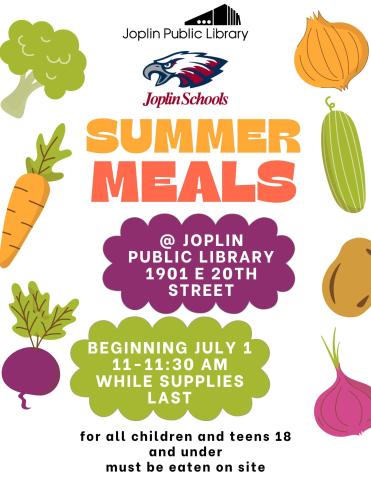 An image that says "Summer Meals" with the Joplin Schools log and the Joplin Public Library logo