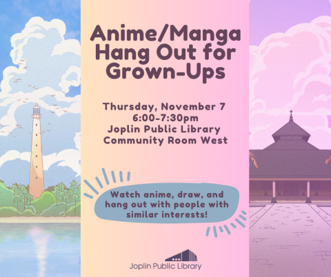 Images of anime buildings on the left and right, event information listed down the middle.