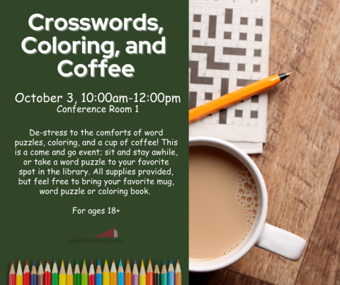 Image of coffee and crossword puzzle on the right, event details and a graphic of colored pencils on the left.