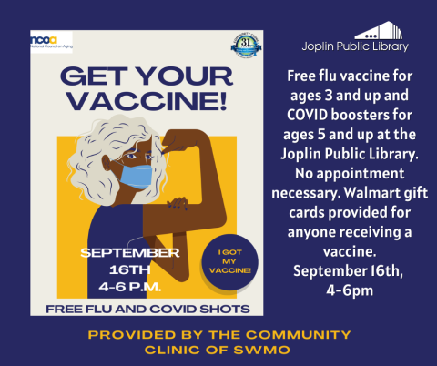 Blue background with graphic of woman flexing her arm with "Get Your Vaccine" headline. Event details listed to the right.