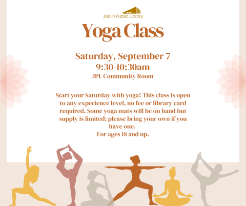 Graphics of people in yoga poses along the bottom, light pink background, event information listed in the middle.