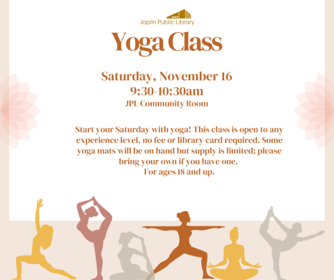 Graphics of people in yoga poses along the bottom, light pink background, event information listed in the middle.