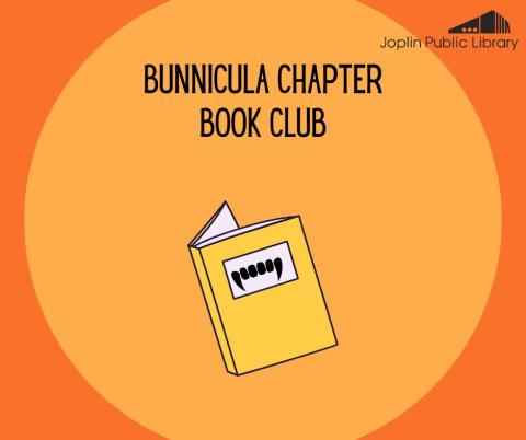 Illustration of a yellow book with black vampire teeth on the front. Black text above the book reads "Bunnicula Chapter Book Club"