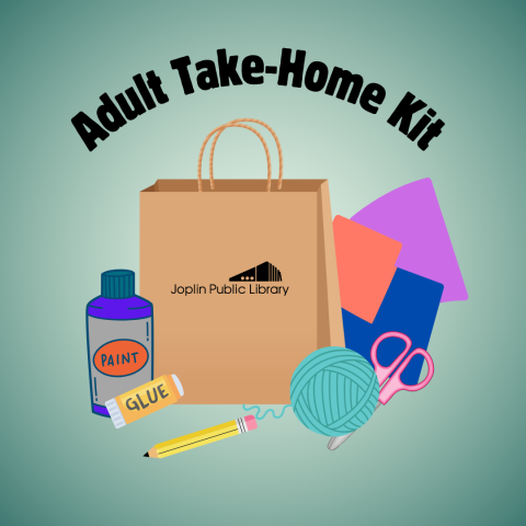 Green background, adult take-home kit title arched at the top, graphic of paper bag surrounded by craft supplies in the middle.