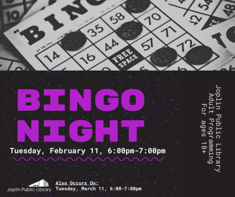 Bingo card image with bright pink writing underneath and over a black background, pink writing is event details. 