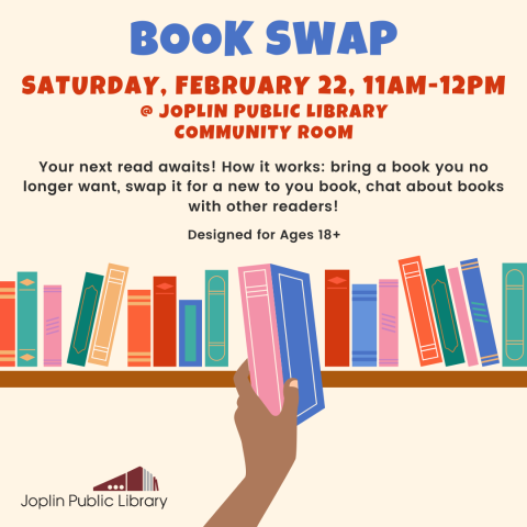 Graphic of hand reaching to a book shelf with books on it, event details listed above.