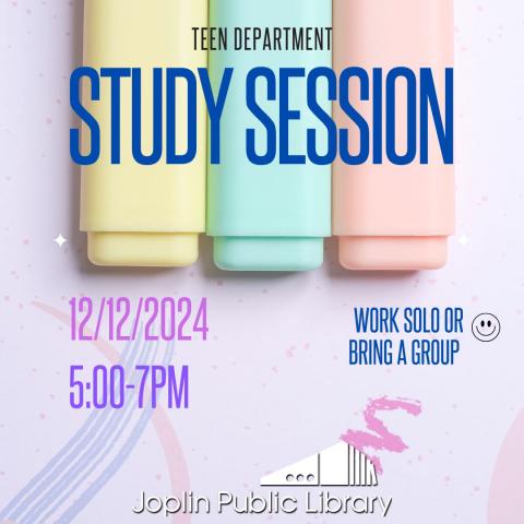 An informational graphic that says "Teen Department Study Sessions, 12/12/2024, 5:00-7:00 PM. Work alone or bring a group." The background is three pastel highlighters.