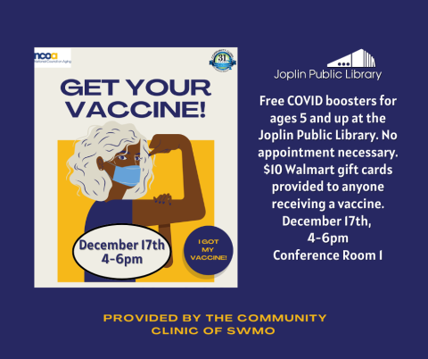 Blue background with graphic of woman flexing her arm with "Get Your Vaccine" headline. Event details listed to the right.