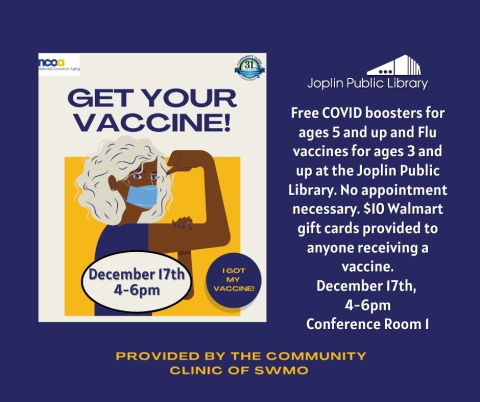 Blue background with graphic of woman flexing her arm with "Get Your Vaccine" headline. Event details listed to the right.