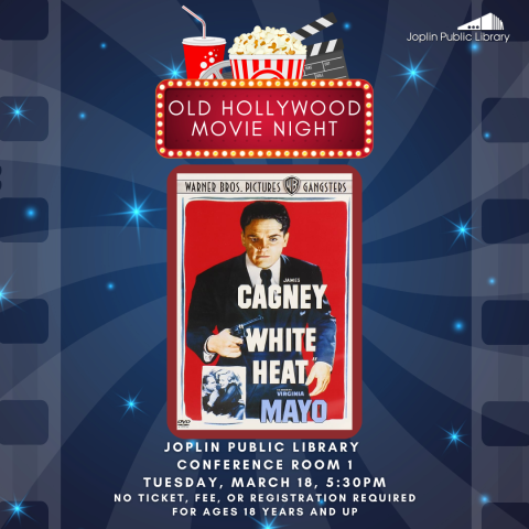 Blue background with sparkles and film reel, movie poster in the middle with Old Hollywood Movie Night sign above with graphics of popcorn and soda, event date and details listed on bottom