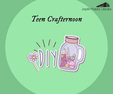 Teal background with "teen crafternoon" written at the top in italicized text. The illustration shows cute sewing materials inside a mason jar next to the letters DIY