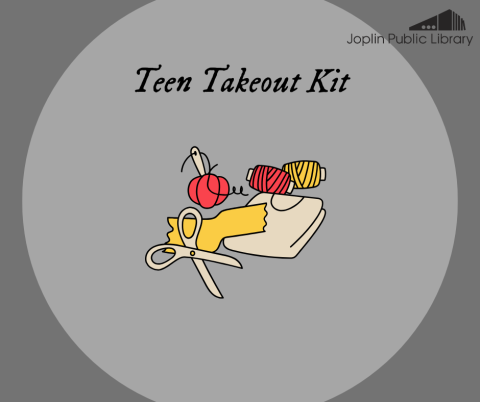 An illustration of craft supplies, including scissors, yarn, and paper, with italicized text above reading "Teen Takeout Kit"