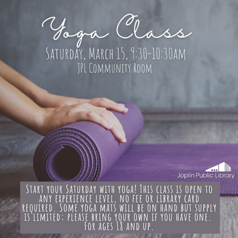 Grey background with a purple yoga mat being rolled up. Event details listed above and below the yoga mat.