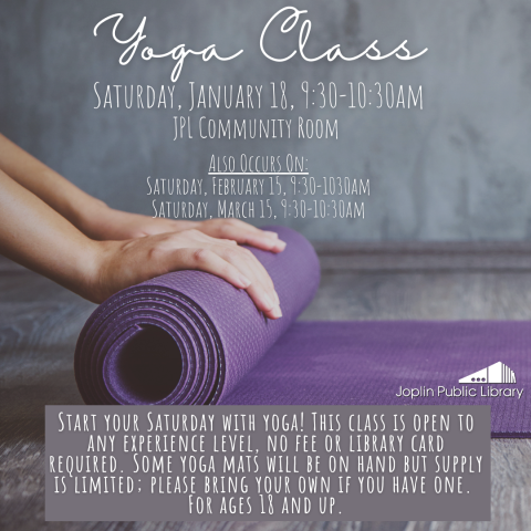 Grey background with a purple yoga mat being rolled up. Event details listed above and below the yoga mat.