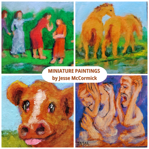 four small paintings, with one depicting women, another a cow, another two horses, and another people. 