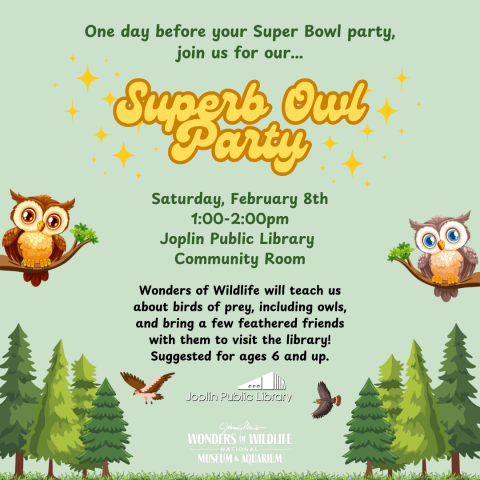 Light green background, graphics of trees and grass at the bottom, graphics of owls perched on branches on the sides, event title and information listed down the middle.