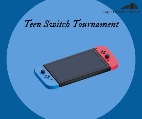 An illustration of a Nintendo Switch console on a blue background with italicized text reading "Teen Switch Tournament"