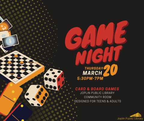 Black background with graphics of a chess board, dice, dominos, and cards on the left, event details on the right.