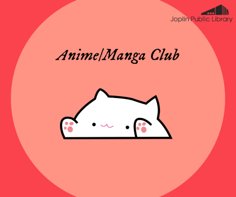 A graphic of a white cat's head with paws reaching up on a red background, with text that reads "Anime/Manga Club" and the library logo